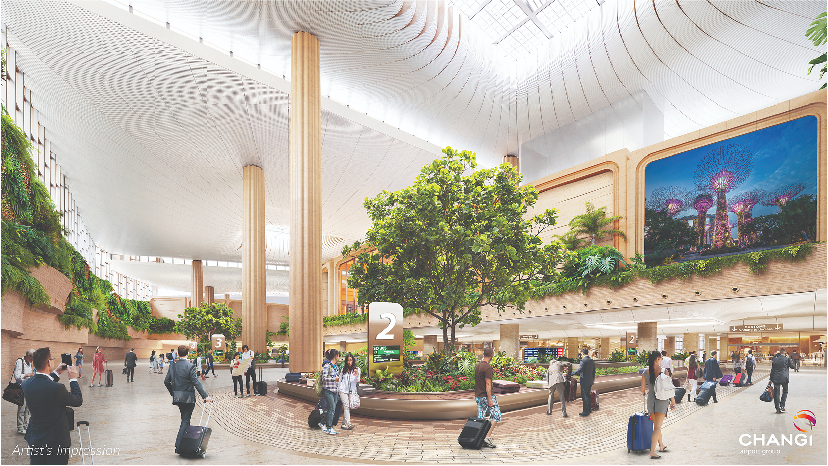 Artist's rendering of Changi Airport with travelers, lush greenery, and large display of Gardens by the Bay.
